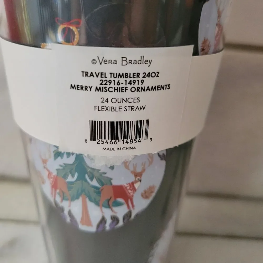 Vera Bradley Merry Mischief Ornaments Double Wall Tumbler 24 oz w/ Straw NEW